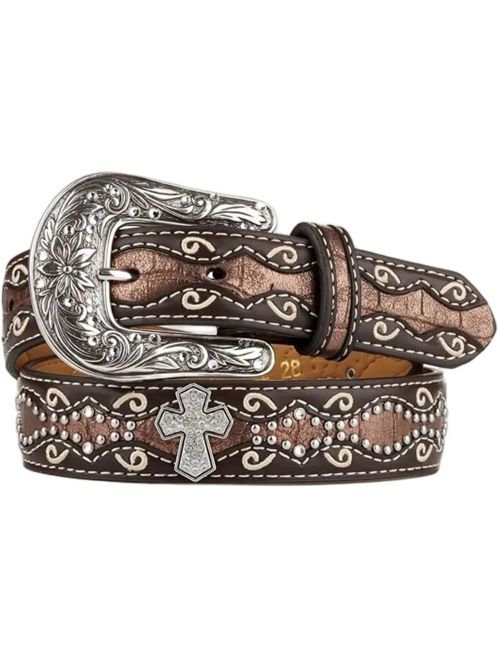 Ariat Girls Western Brown Rhinestone Studded Cross Inlay Belt A1302802 - 22